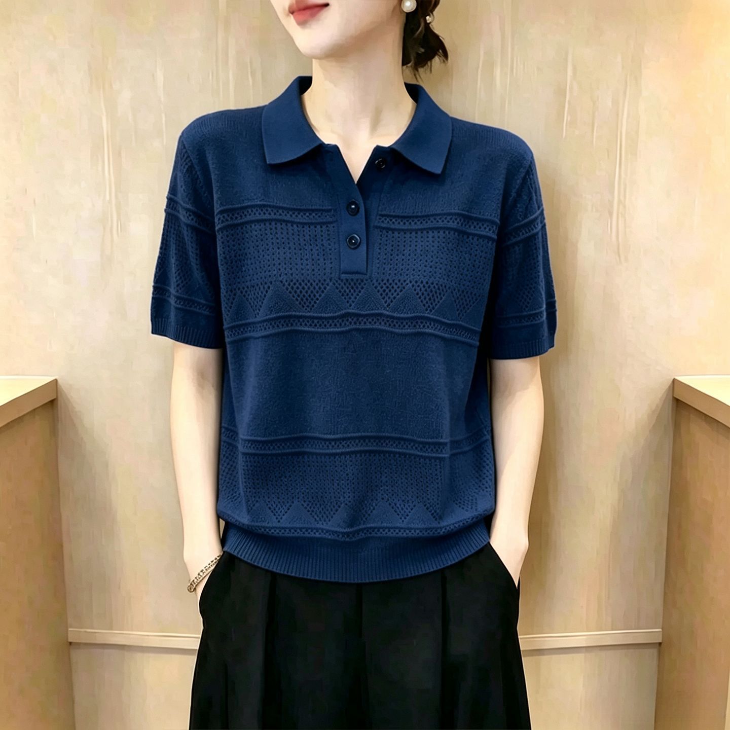 大码夏季POLO领镂空显瘦针织衫女