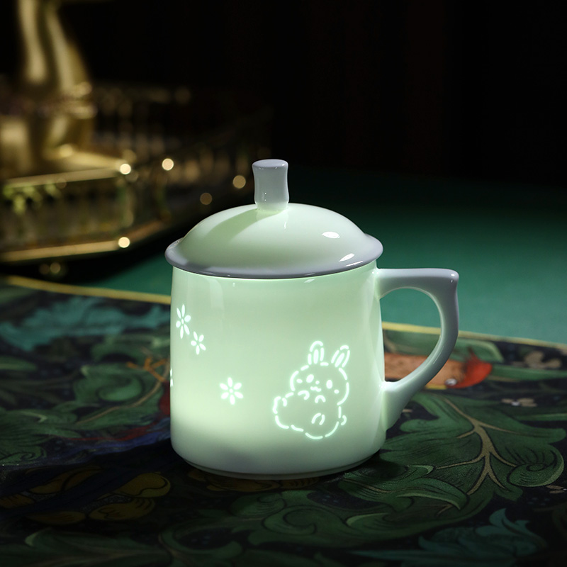 创意景德镇高白瓷茶杯陶瓷白玉玲珑茶杯办公杯家用送礼带盖茶杯