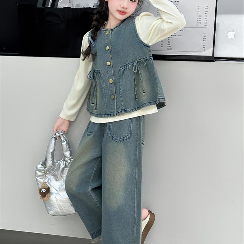 女生秋季牛仔套装2025新款时尚中大号儿童春季女生和儿童春秋背心