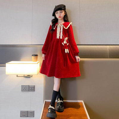 女大童秋冬加绒加厚连衣裙洋气新年红色公主裙子女孩冬装拜年服。
