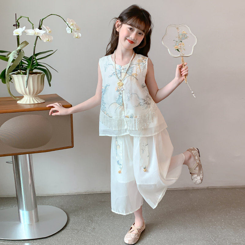 女童夏装中式两件套2026新款洋气大童夏季国风流苏上衣阔腿裤套装