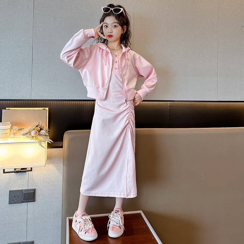 女大童连衣裙春秋装2025新款洋气女孩卫衣外套抽绳背心裙子两件套