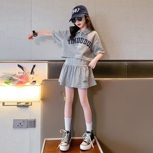女大童短袖 夏季 2025新款 洋氣女孩學生學院風裙子兩件套 半身裙套裝