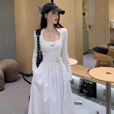 法式方领长袖针织白色连衣裙子女收腰显瘦小众休闲内搭长裙秋冬季