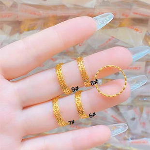 5G黄金色24亮金999镂空暴富铜钱戒指女满圈钱币食指戒情侣款戒指