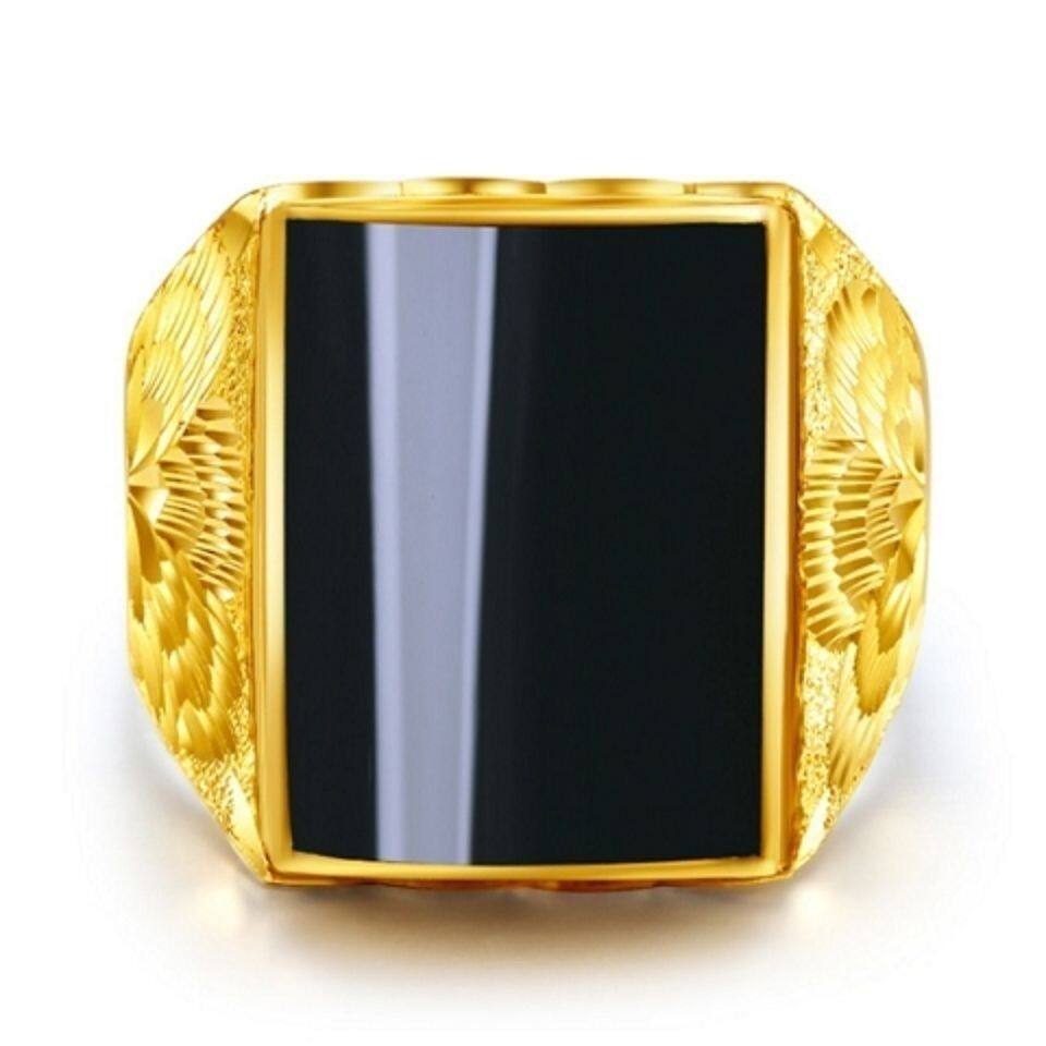 正品不掉色可水洗沙金戒指男金镶玉石戒指男女款霸气招财戒指