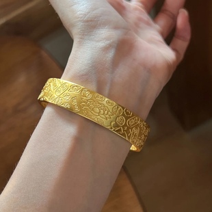 古法传承八宝莲花吉言开 口手镯女9999黄金色实心不掉色彷金镯子