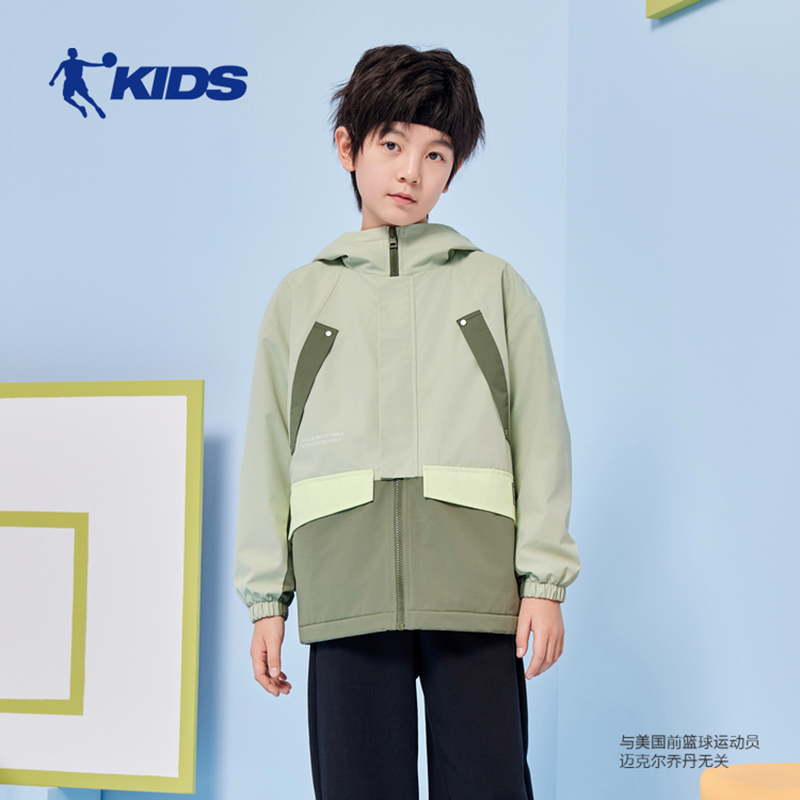 商场同款乔丹童装男大童加绒风衣2025春新款梭织保暖休闲连帽外套
