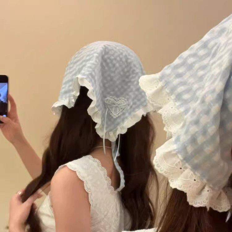 法式baby蓝爱心格纹蕾丝头巾女包头绑发带丝巾海边拍照三角巾配饰