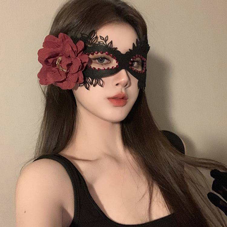 黑色花朵半脸面具女生眼罩蕾丝面罩cos晚会假面舞会装扮万圣节