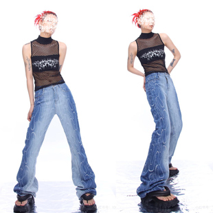 dose7家小众调性肌理水波纹渐变水洗喇叭高腰牛仔裤 撤柜尾货