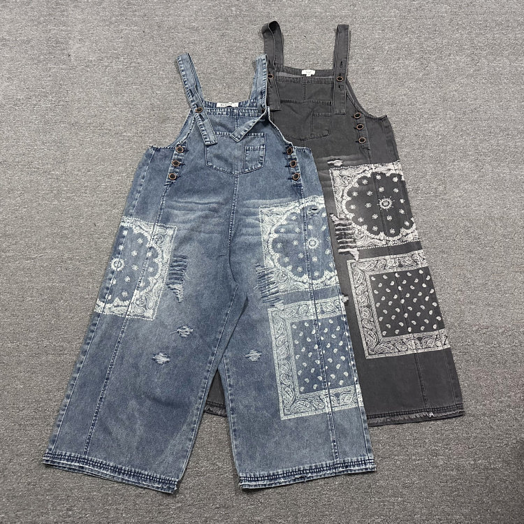 度假田园风 纯元腰果印花手工磨破复古水洗阔腿牛仔背带裤 外贸