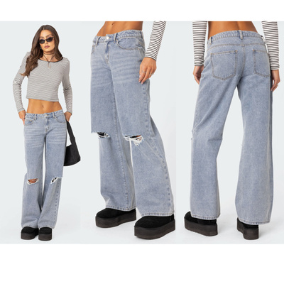 ed!k家100棉基础款破洞低腰直筒牛仔裤/高腰破洞牛仔裤 外贸尾货