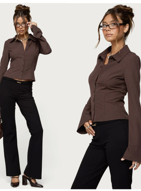 edi家高智感轻熟时髦精收腰喇叭袖条纹翻领衬衫  外贸尾货