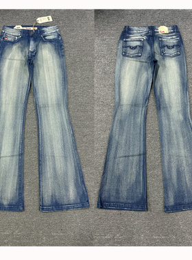 捡漏币入GMB千禧风中低腰后袋绣花复古水洗泥染喇叭牛仔裤 尾货