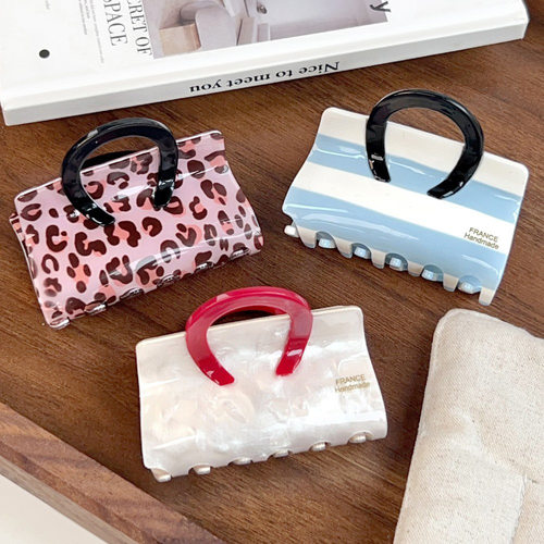 韩系手提包抓夹法式条纹发抓小众