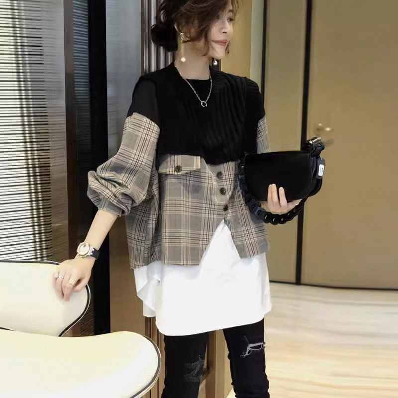 衬衫拼接毛针织衫女春秋欧货中长款胖mm遮肚子假两件格子衬衣大码