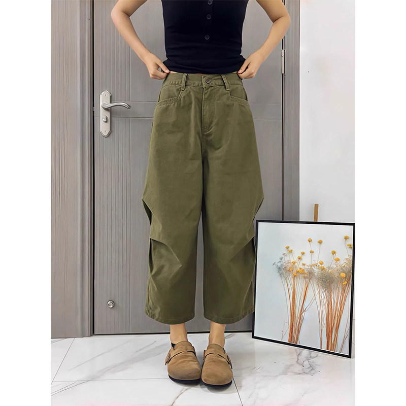 军绿色高腰九分阔腿裤女春夏欧货时尚休闲风宽松显瘦百搭直筒裤子