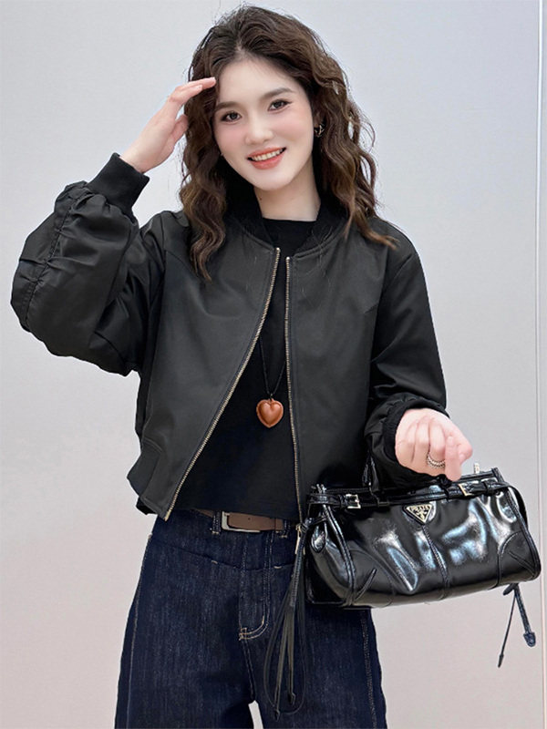黑色圆领长袖短外套女春秋欧货修身显瘦工装风短款棒球服夹克上衣