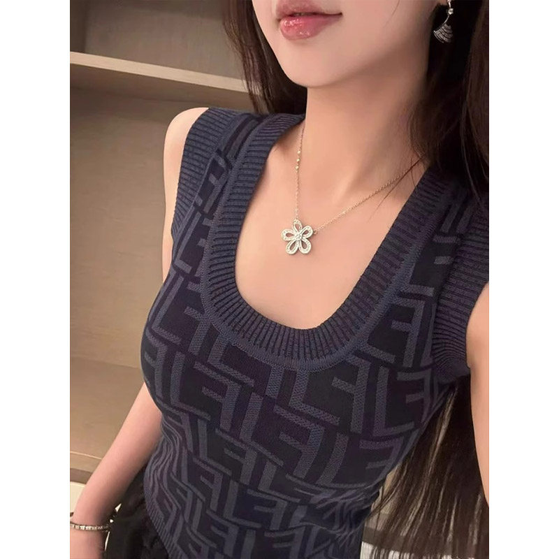 深蓝色U领无袖吊带背心女春秋欧货气质冰丝针织修身打底独特上衣
