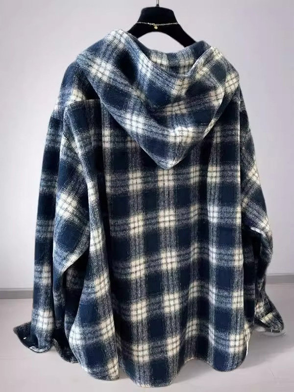 灰色格子磨毛长袖连帽衬衫女秋冬欧货时尚宽松显瘦内搭打底衫上衣