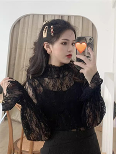 黑色半高领蕾丝长袖打底衫女春秋欧货洋气薄款内搭喇叭袖网纱上衣