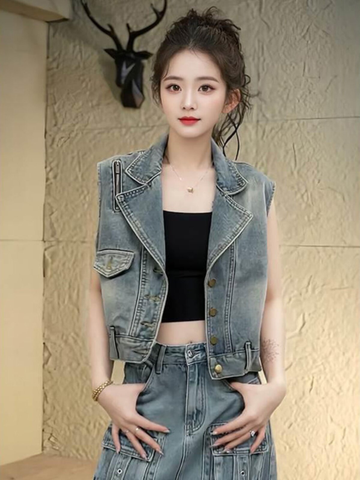 牛仔背心春秋季女装欧洲覆古外穿薄无袖马甲背心短夹克上衣