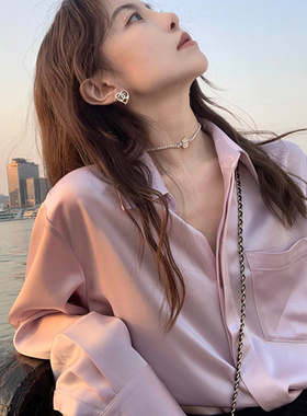 紫色醋酸缎面衬衫女春秋欧货新款衬衣内搭轻奢外套高级感宽松上衣