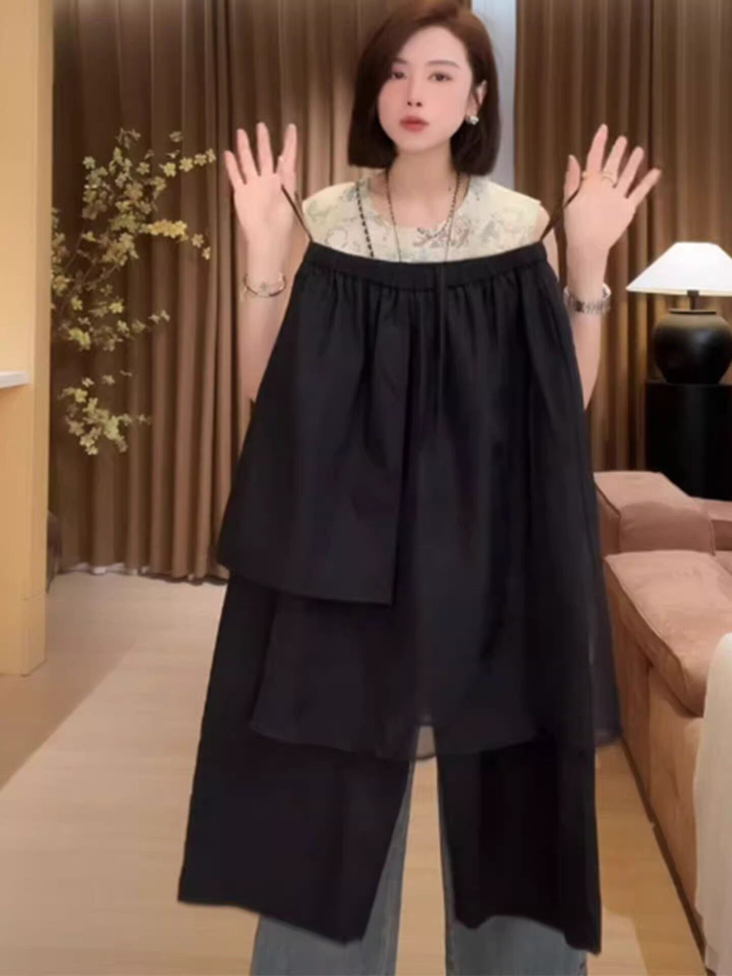 黑色薄纱拼接屁股窗帘休闲裤的妇女夏季欧洲大尺寸瘦身看多用途直