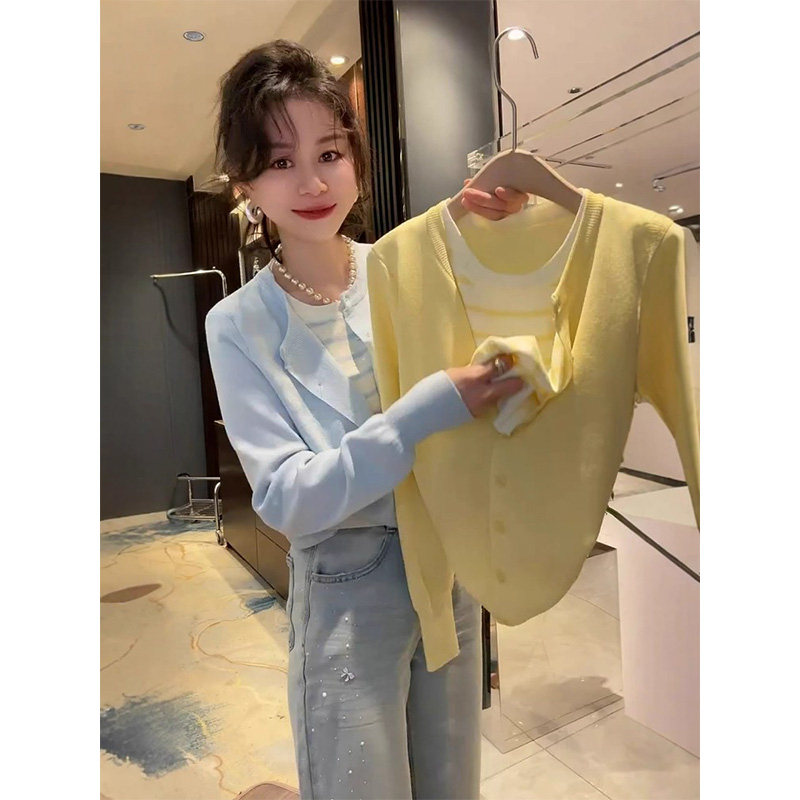 黄色圆领长袖假两件针织开衫女春秋欧货宽松显瘦百搭毛衣外套上衣 - 实物图