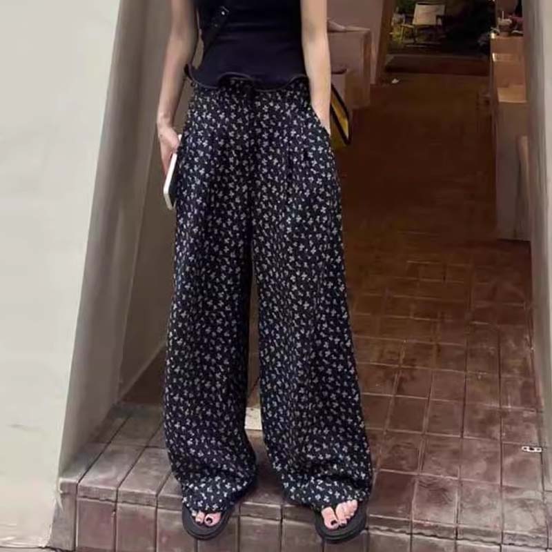 黑色碎花薄款休闲裤女夏欧货慵懒风高腰垂坠感直筒阔腿裤拖地长裤