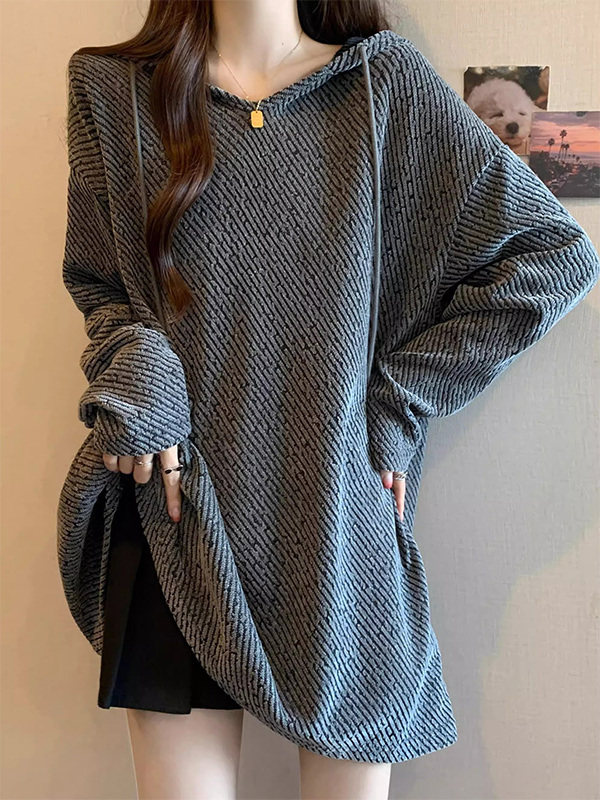 灰色正肩长袖连帽卫衣女春秋欧货中宽松长款遮屁股内搭打底衫上衣