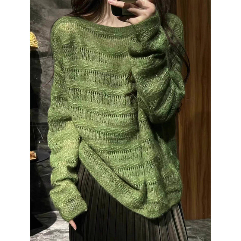绿色圆领长袖针织衫女秋冬欧货慵懒风高级感宽松镂空中长款上衣