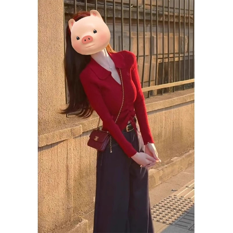 红色V领长袖针织衫女春秋欧货不规则抽绳修身显瘦内搭打底衫上衣