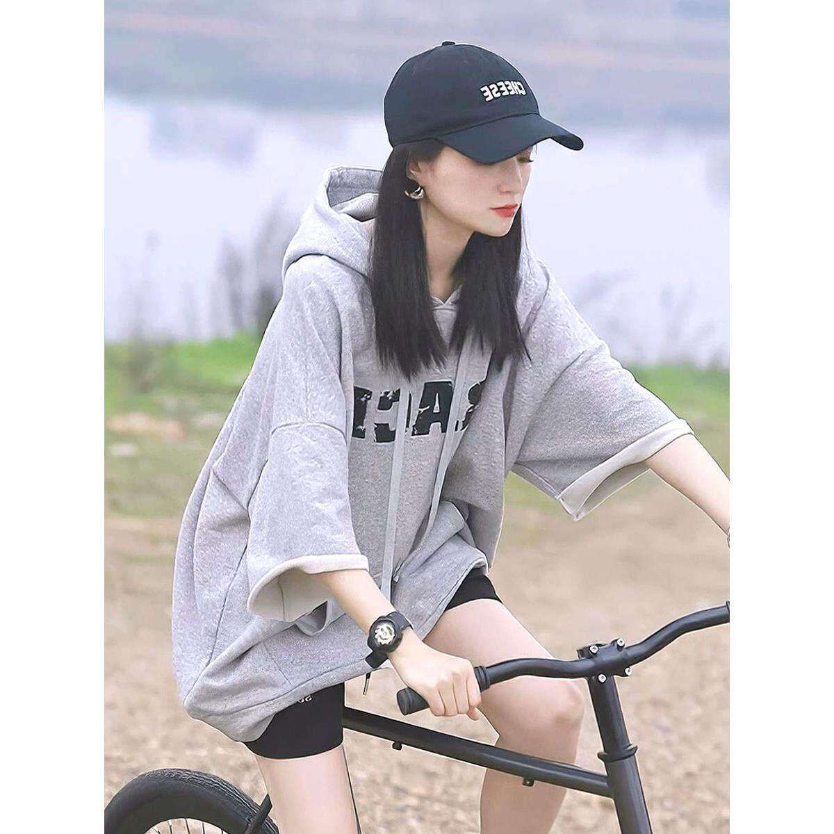 美式宽松连帽套头卫衣女夏欧货字母印花百搭慵懒风中长款中袖上衣