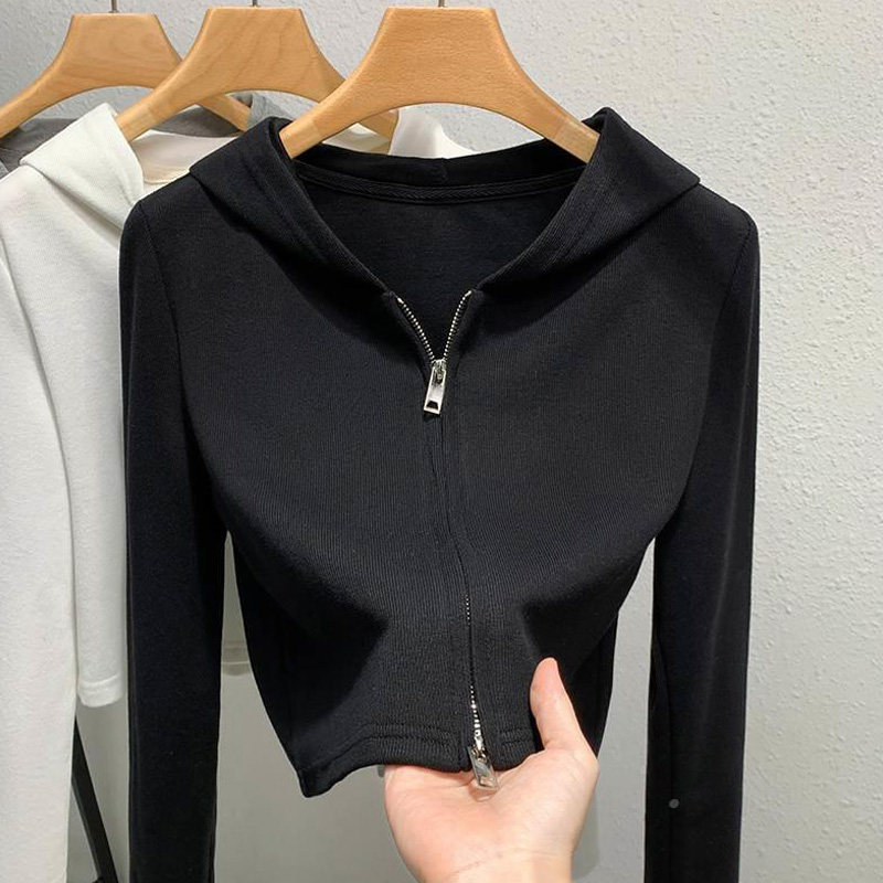 黑色连帽卫衣女士春秋欧货新款爆款修身短款双头拉链带帽长袖上衣