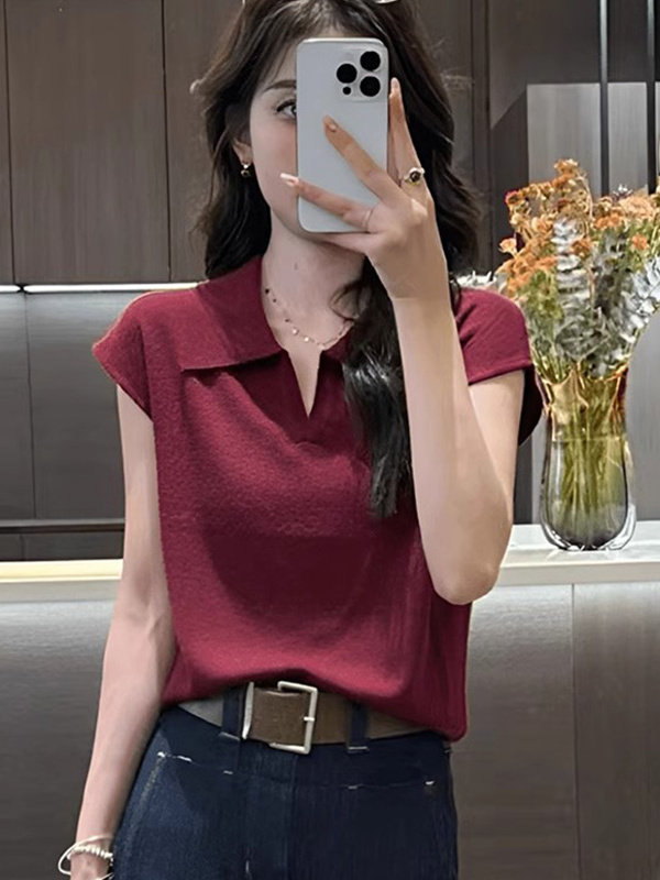 薄款V领无袖坎肩针织衫女夏季欧货2025新款洋气简约翻领短袖上衣