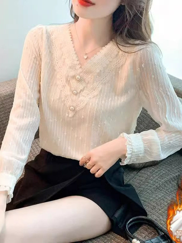 白色v领雪纺蕾丝长袖衬衫女春秋欧货新款宽松显瘦内搭打底衫上衣