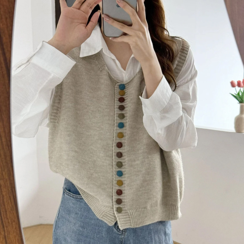 杏色针织开衫马甲女秋冬欧货文艺风宽松马夹短款叠穿坎肩无袖上衣