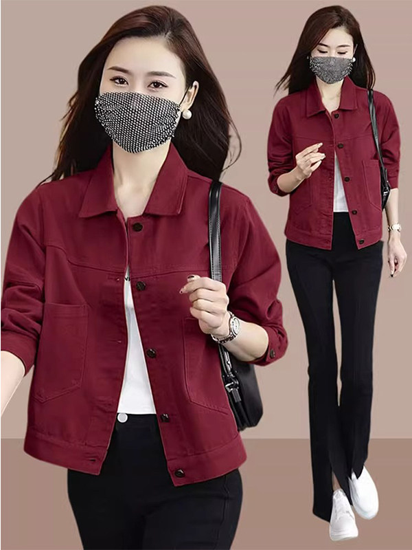 酒红色翻领长袖牛仔外套女春秋欧货时尚百搭夹克上衣休闲短外套