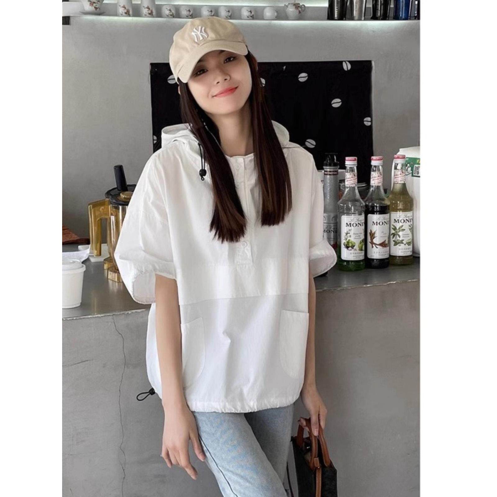 立领连帽短袖T恤女夏欧货薄款帽衫套头半袖卫衣下摆抽绳短款上衣