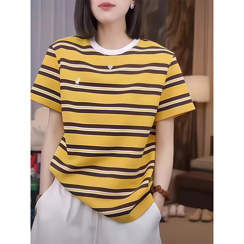 黄色撞色条纹刺绣短袖T恤女春夏欧货时尚宽松圆领减龄休闲风上衣