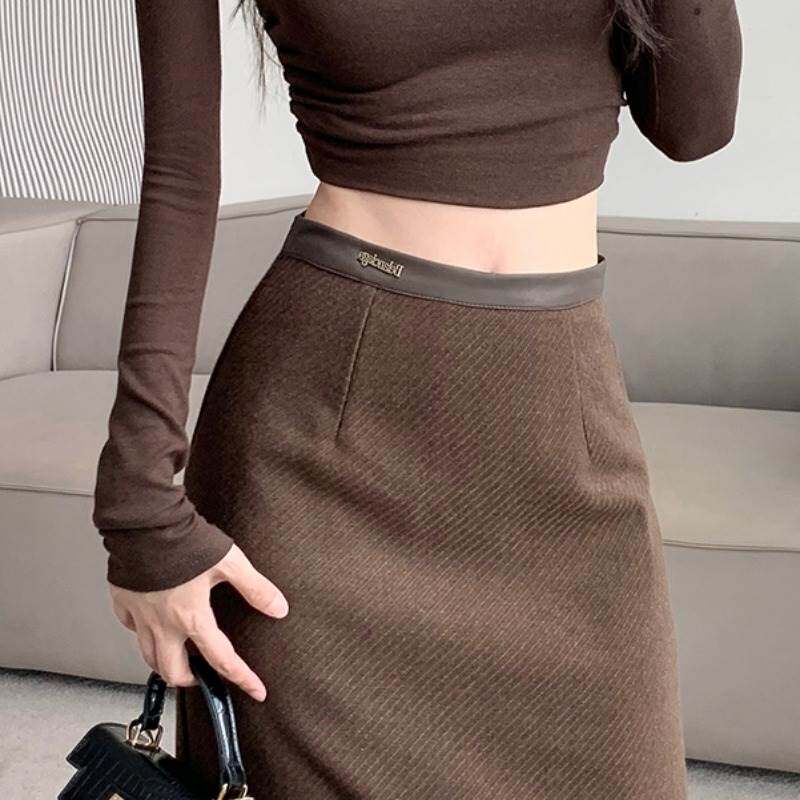 欧货咖色毛呢半身裙女中长版秋冬设计感高腰a字裙后开叉包臀裙子