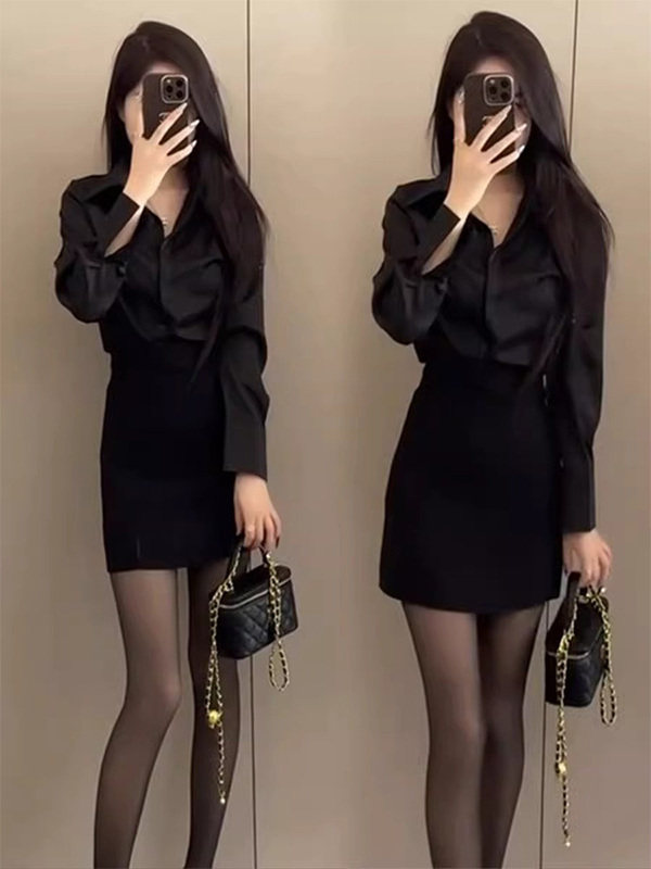 黑色衬衫包臀短裙套装女春秋欧货丝滑衬衣职业ol高腰半身裙两件套