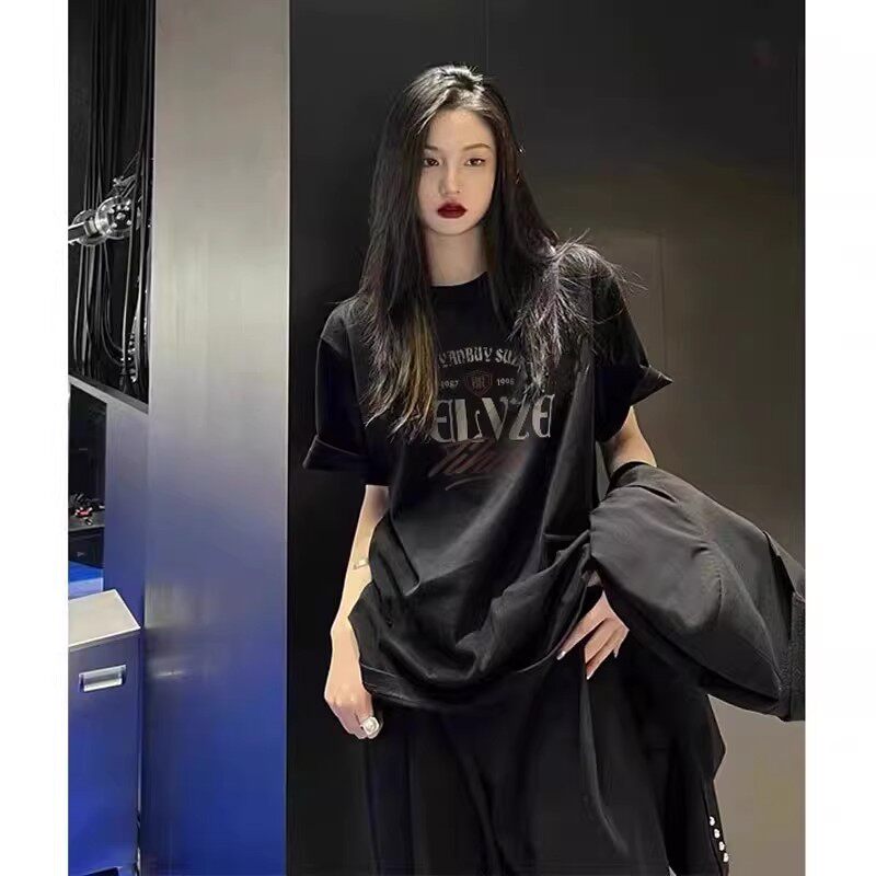 黑色字母印花正肩短袖t恤女夏季欧货2025新款美式宽松慵懒风上衣