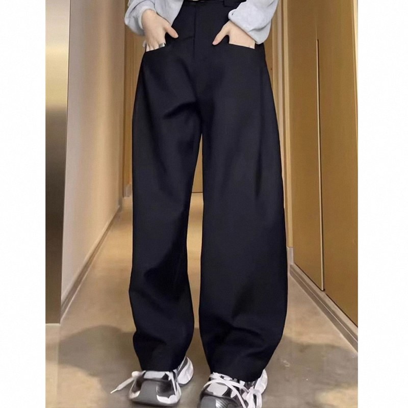 黑色雅痞西装裤女春秋口袋阔腿裤小个子胖mm遮胯工装裤拖地长裤子