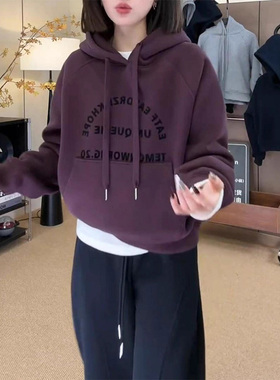 紫色长袖连帽卫衣女秋冬欧货加绒加厚字母印花宽松显瘦叠穿上衣
