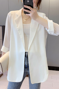 女春夏欧货白色西服垂感上衣休闲外套薄款 防晒衣雪纺小西装 空调衫