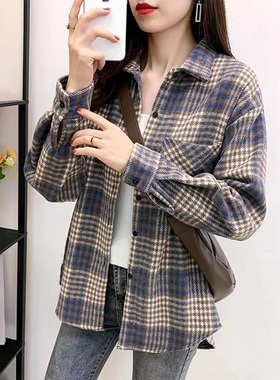 紫色毛呢格子翻领长袖衬衫女春秋冬欧货宽松显瘦加厚磨毛外套上衣