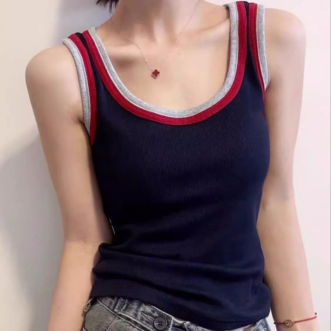 百搭撞色拼接双边吊带背心女性感外穿上衣带胸垫性感打底抹胸内衣